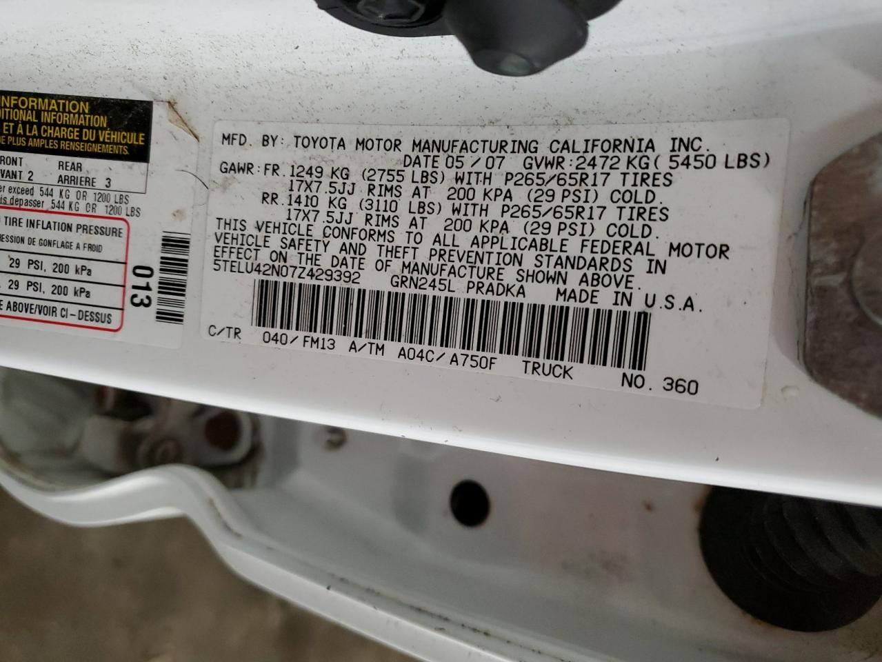 2007 Toyota Tacoma VIN 5TELU42N07Z429392 Copart auction photo, front end / side damage thumbnail 13