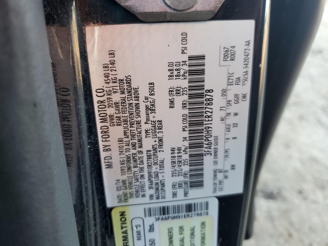 2014 Ford Fusion VIN 3FA6P0H91ER278878 Copart auction photo, rear end damage thumbnail 12