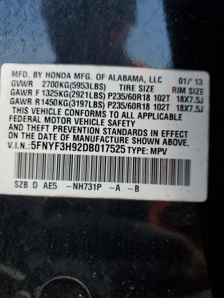 2013 Honda Pilot VIN 5FNYF3H92DB017525 Copart auction photo, front end damage thumbnail 13