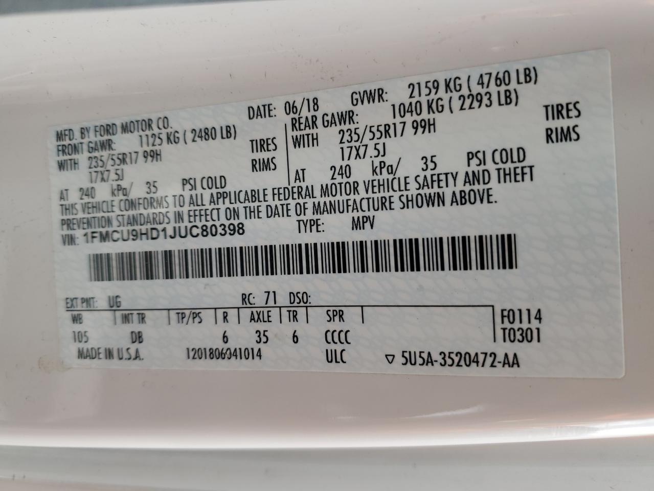 2018 Ford Escape VIN 1FMCU9HD1JUC80398 Copart auction photo, burn - engine damage thumbnail 13