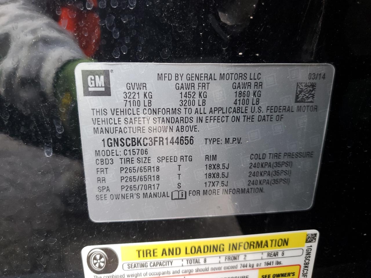 2015 Chevrolet Tahoe VIN 1GNSCBKC3FR144656 Copart auction photo, front end damage thumbnail 13