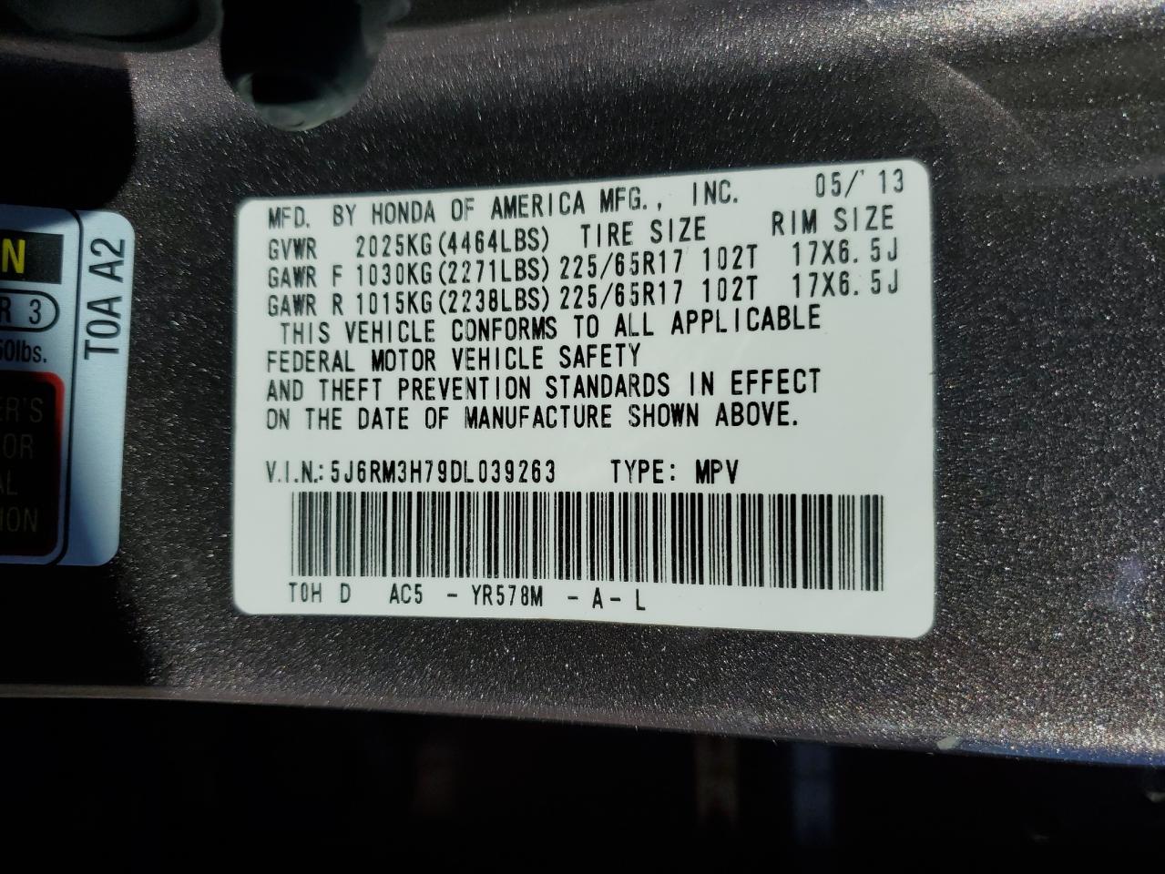 2013 Honda CR-V VIN 5J6RM3H79DL039263 Copart auction photo, rear end / front end damage thumbnail 13
