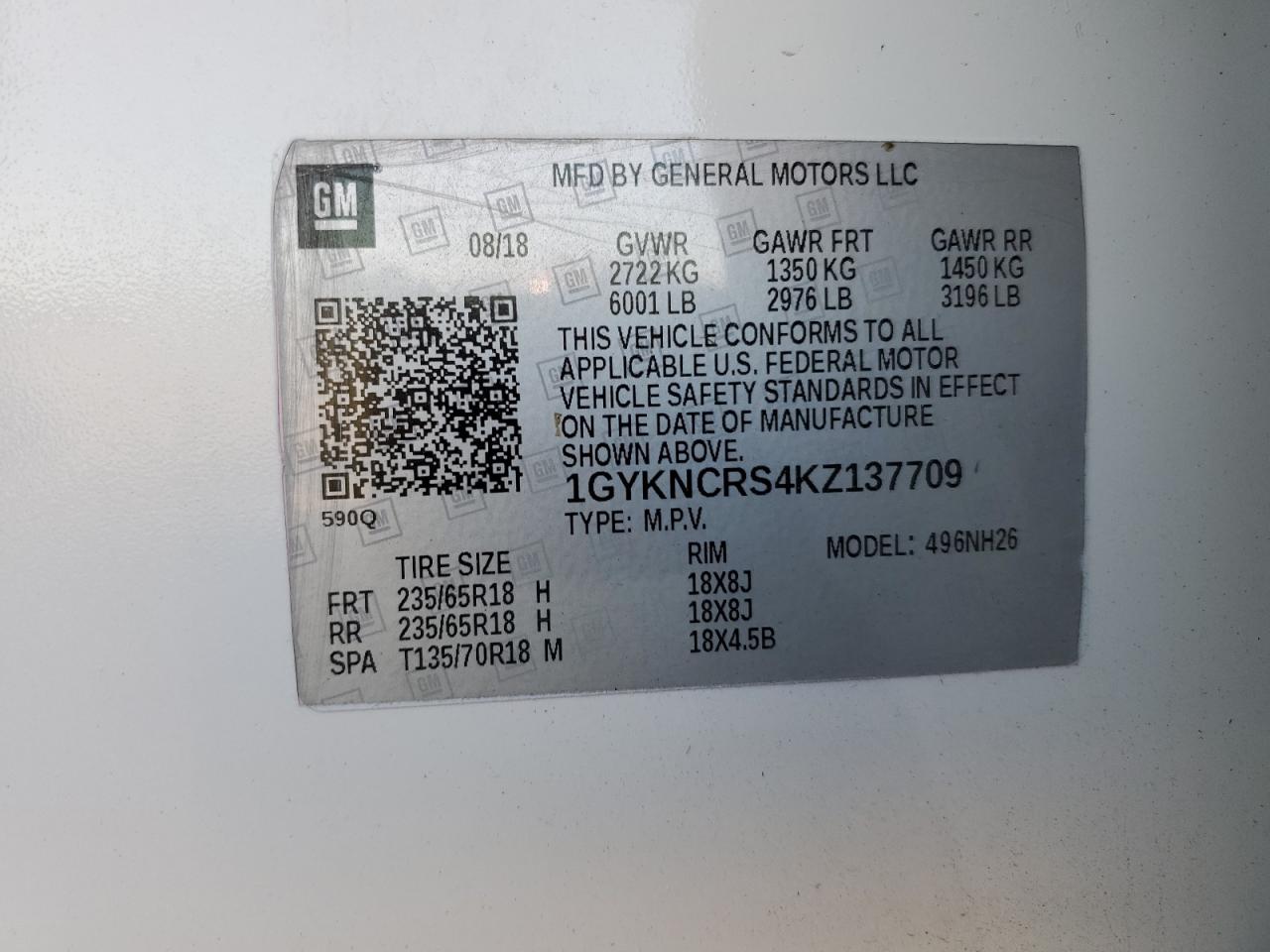 2019 Cadillac XT5 VIN 1GYKNCRS4KZ137709 Copart auction photo, side damage thumbnail 15