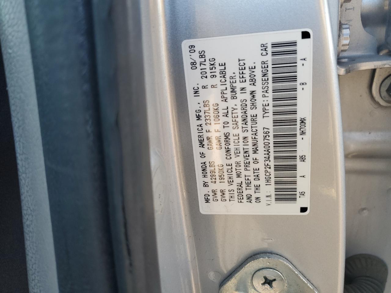 2010 Honda Accord VIN 1HGCP2F34AA007567 Copart auction photo, front end damage thumbnail 14