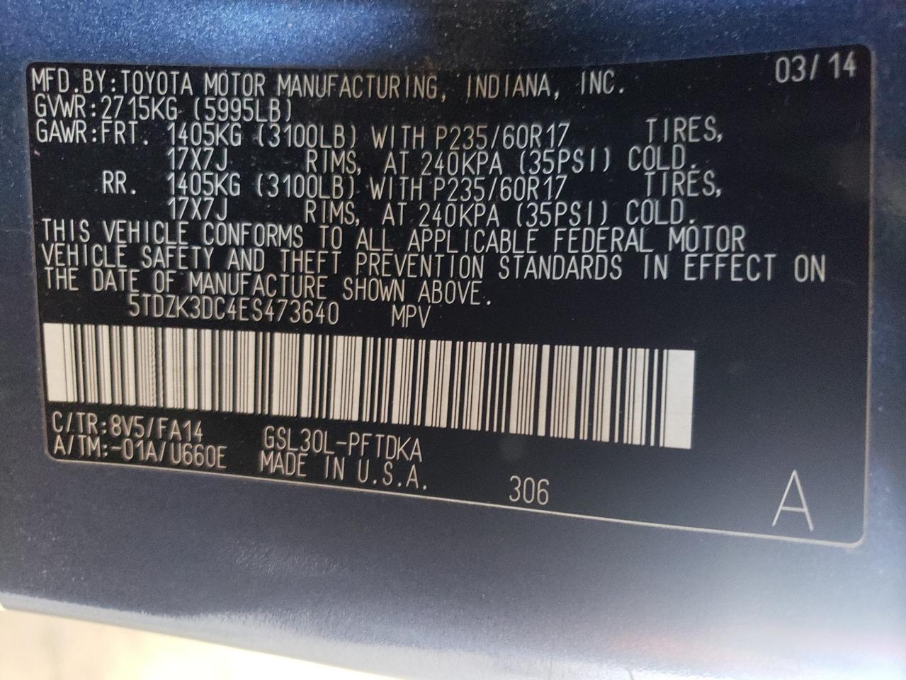 2014 Toyota Sienna VIN 5TDZK3DC4ES473640 Copart auction photo, front end damage thumbnail 13