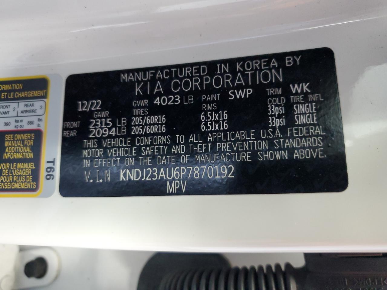 2023 KIA Soul VIN KNDJ23AU6P7870192 Copart auction photo, side damage thumbnail 13
