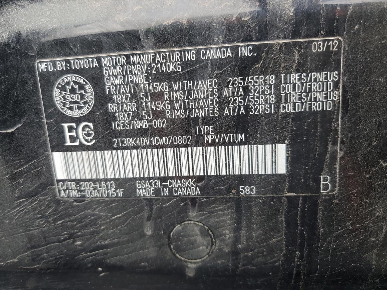 2012 Toyota RAV 4 VIN 2T3RK4DV1CW070802 Copart auction photo, front end / side damage thumbnail 14