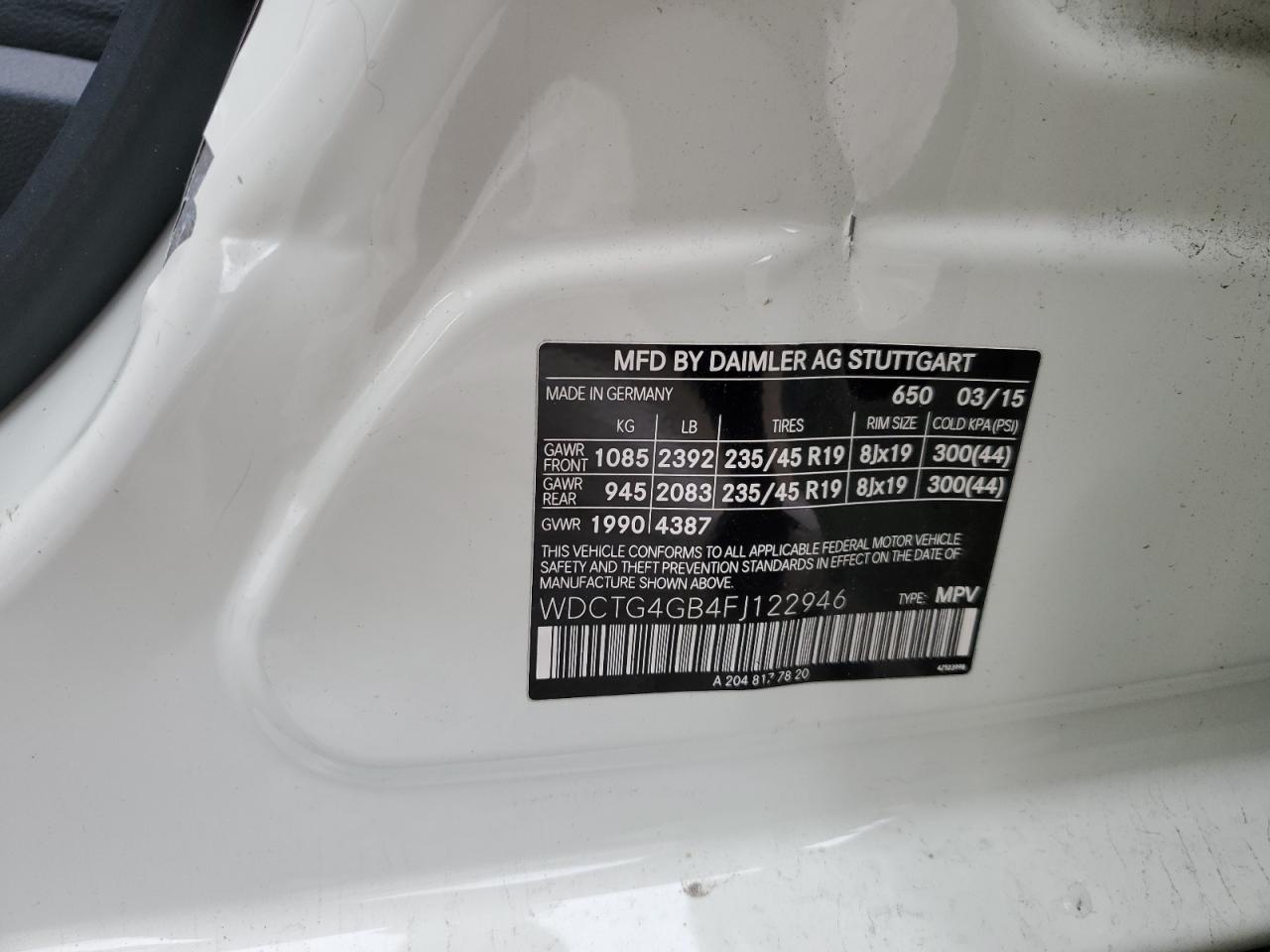 2015 Mercedes-Benz GLA-klasse VIN WDCTG4GB4FJ122946 Copart auction photo, side damage thumbnail 13