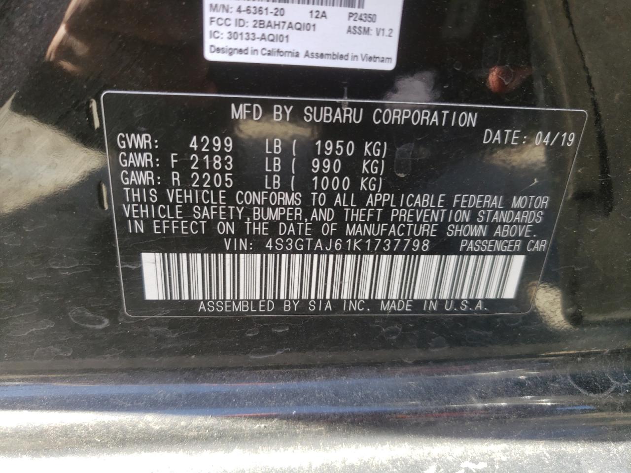 2019 Subaru Impreza VIN 4S3GTAJ61K1737798 Copart auction photo, rear end damage thumbnail 13