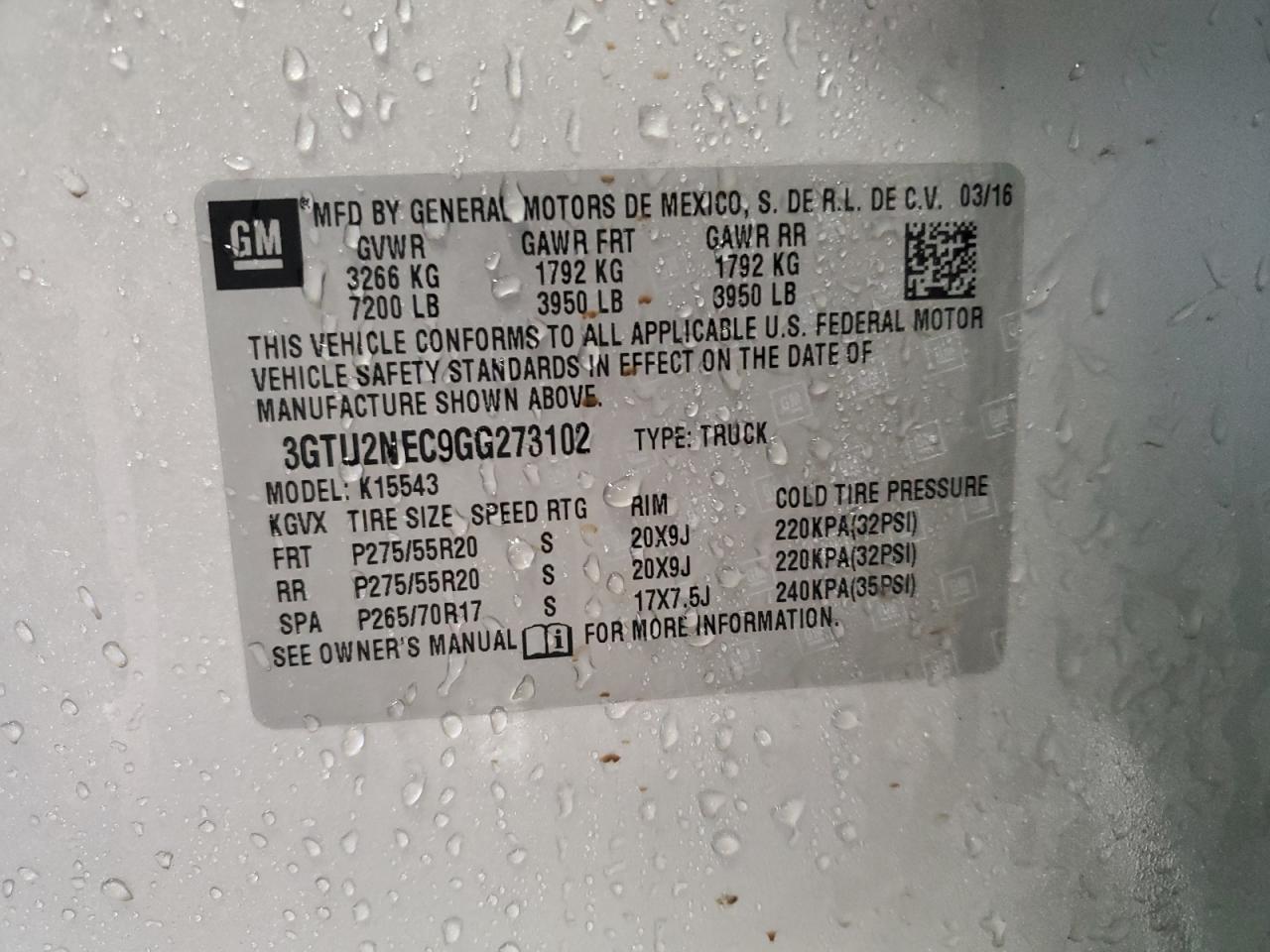2016 GMC Sierra VIN 3GTU2NEC9GG273102 Copart auction photo, front end damage thumbnail 12