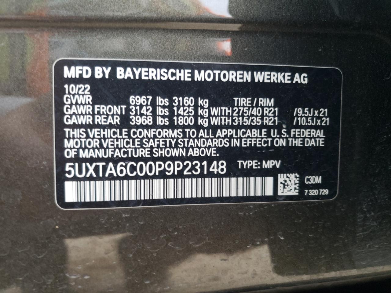 2023 BMW X5 VIN 5UXTA6C00P9P23148 Copart auction photo, front end / side damage thumbnail 14