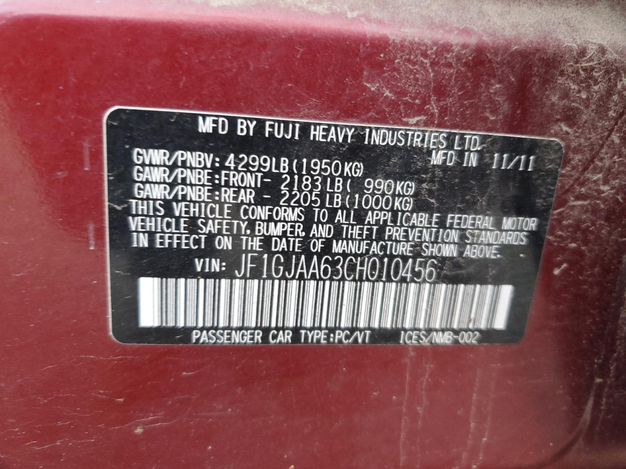 2012 Subaru Impreza VIN JF1GJAA63CH010456 Copart auction photo, all over damage thumbnail 12
