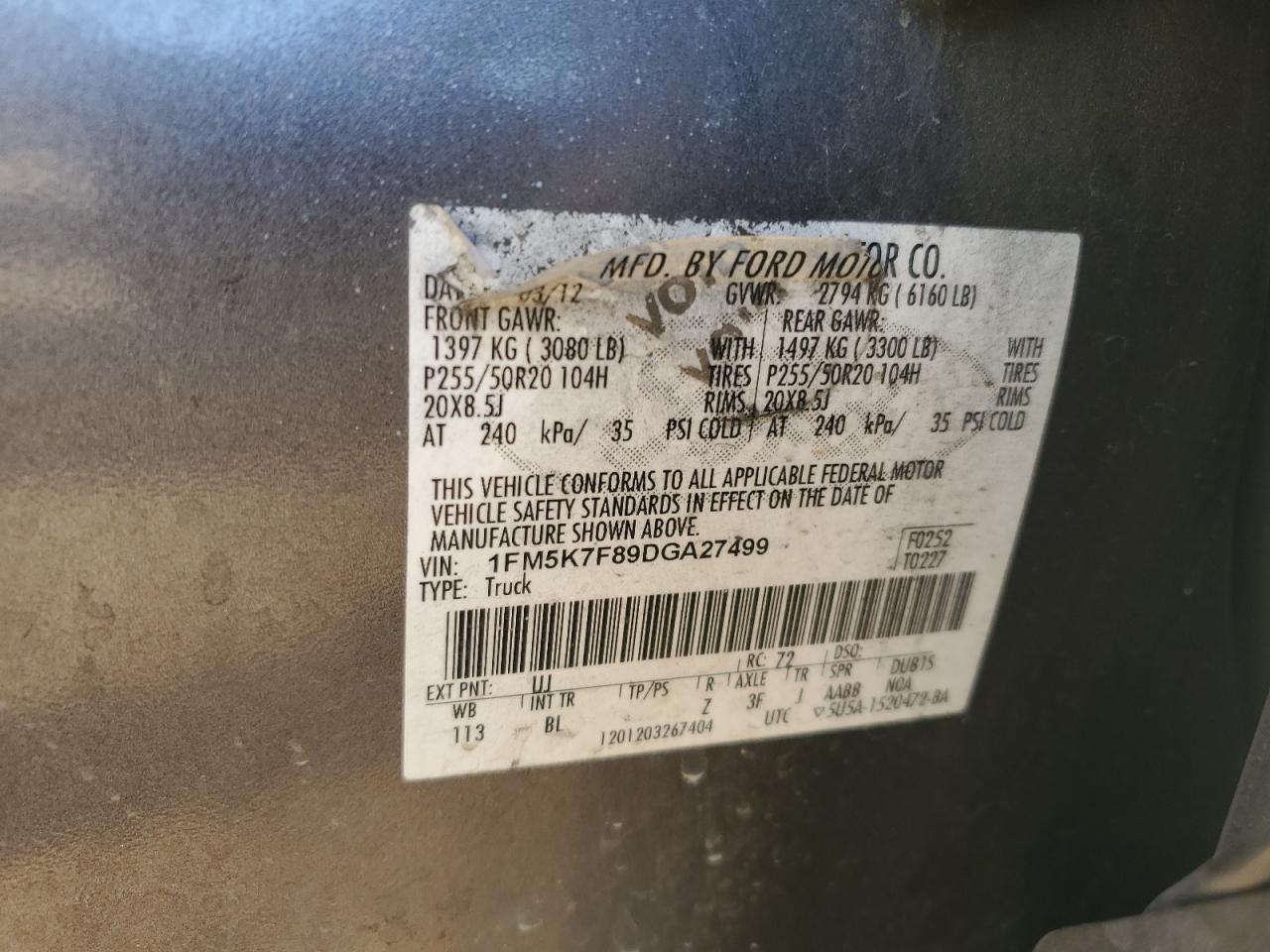 2013 Ford Explorer VIN 1FM5K7F89DGA27499 Copart auction photo, front end / undercarriage damage thumbnail 13