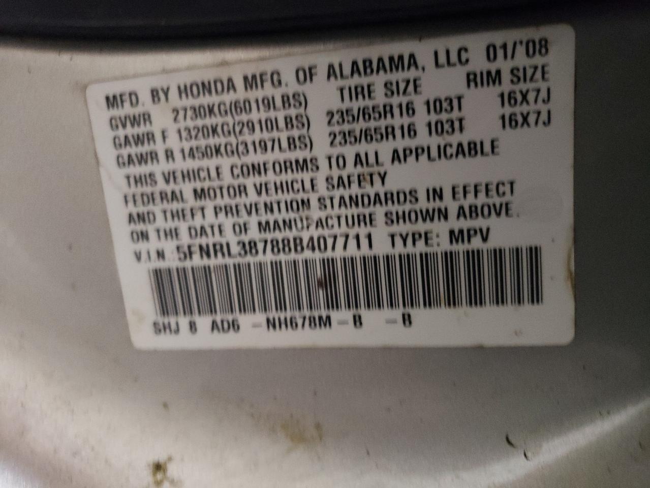 2008 Honda Odyssey VIN 5FNRL38788B407711 Copart auction photo, all over damage thumbnail 13