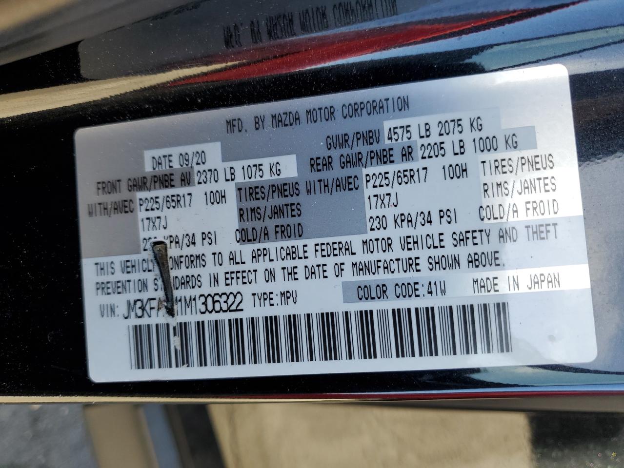 2021 Mazda CX-5 VIN JM3KFACM1M1306322 Copart auction photo, rear end / side damage thumbnail 14