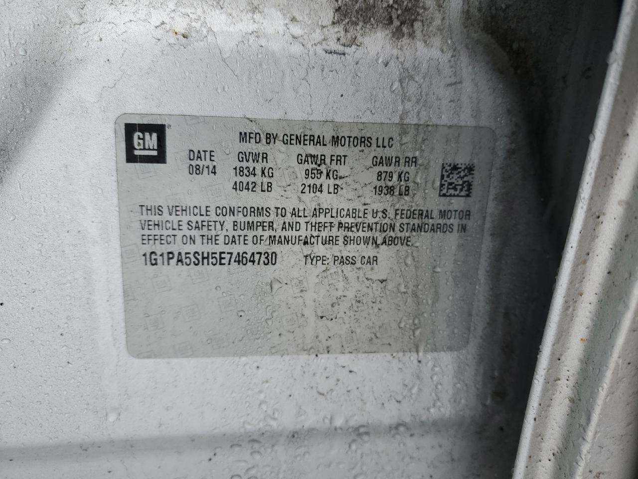 2014 Chevrolet Cruze VIN 1G1PA5SH5E7464730 Copart auction photo, side / front end damage thumbnail 12