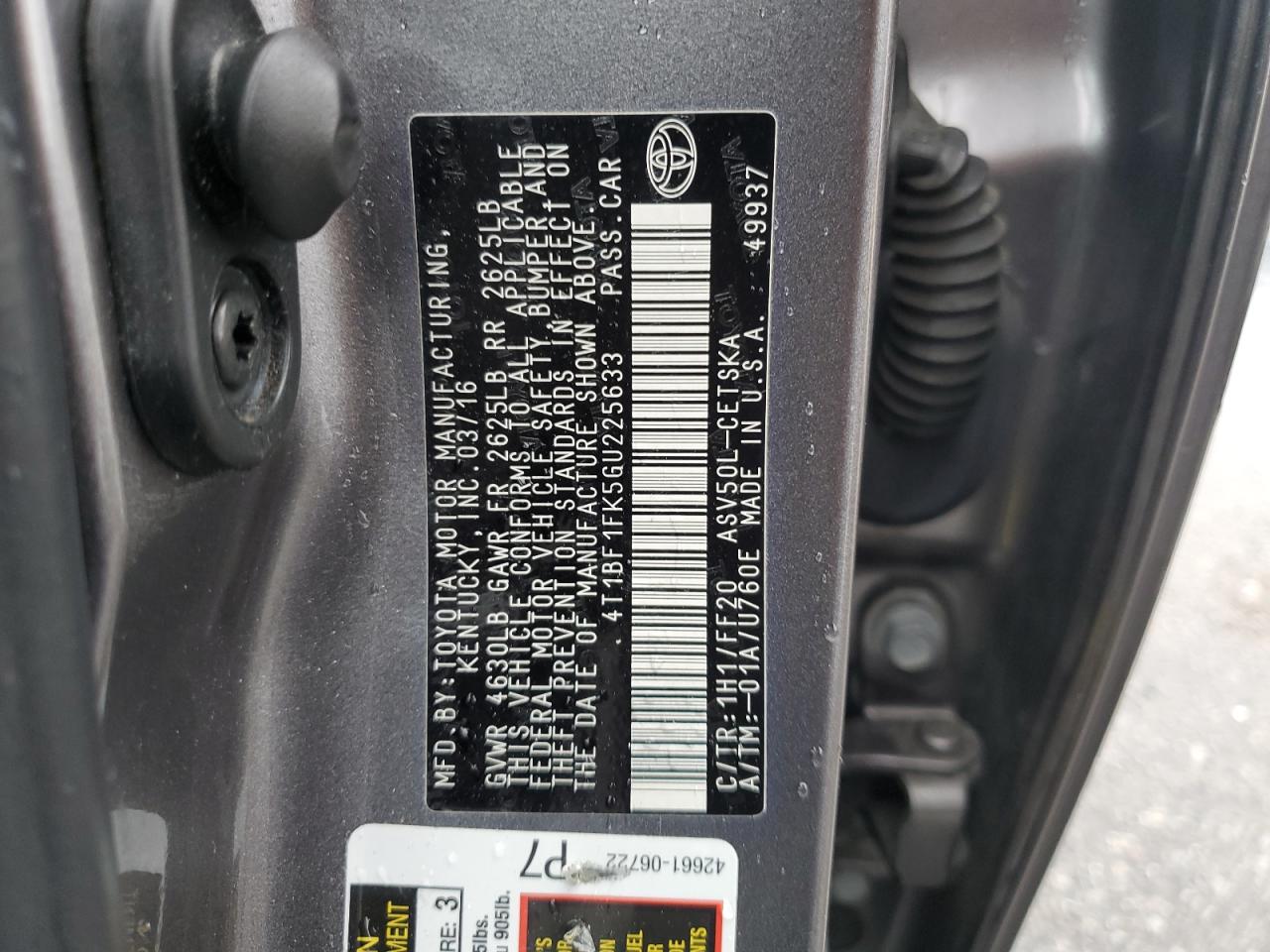 2016 Toyota Camry VIN 4T1BF1FK5GU225633 Copart auction photo, front end damage thumbnail 15