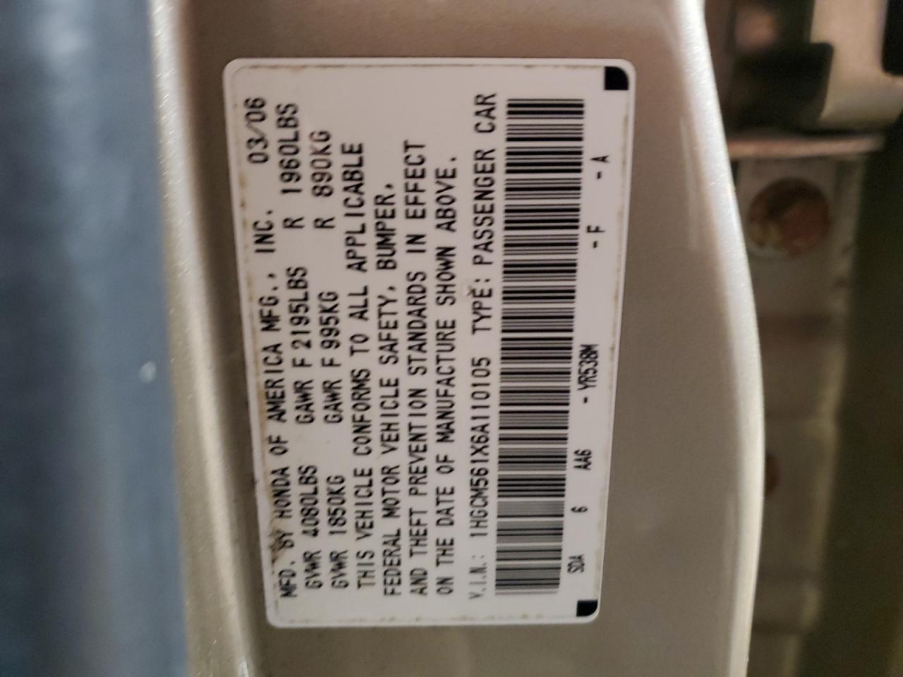 2006 Honda Accord VIN 1HGCM561X6A110105 Copart auction photo, rear end / side damage thumbnail 12