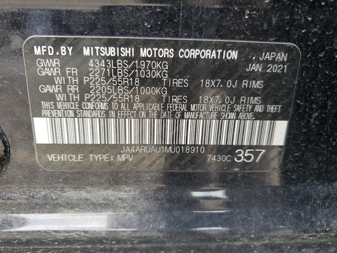 2021 Mitsubishi Outlander VIN JA4ARUAU1MU018910 Copart auction photo, front end damage thumbnail 14