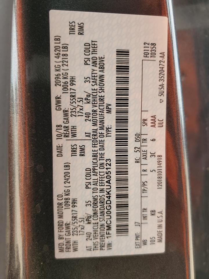 2019 Ford Escape VIN 1FMCU0GD4KUA05123 Copart auction photo, side / minor dent/scratches damage thumbnail 15