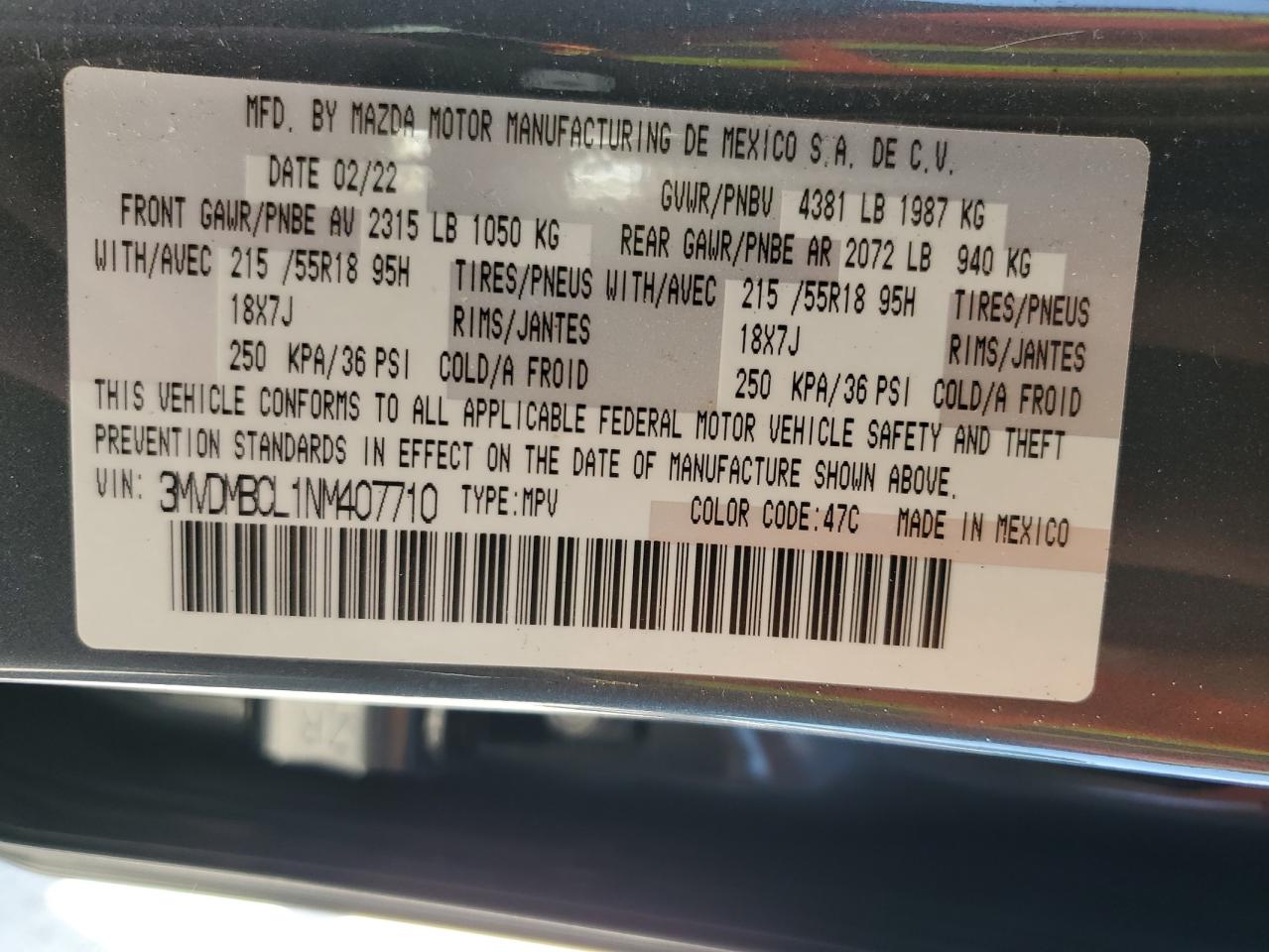2022 Mazda CX-30 VIN 3MVDMBCL1NM407710 Copart auction photo, water/flood damage thumbnail 14