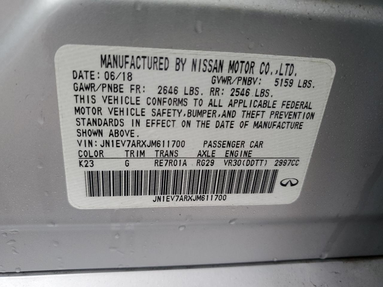 2018 Infiniti Q50 VIN JN1EV7ARXJM611700 Copart auction photo, front end damage thumbnail 13