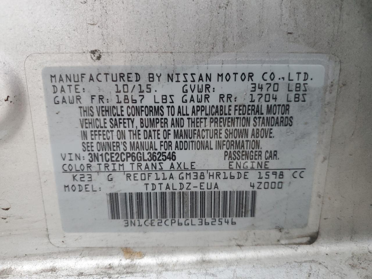 2016 Nissan Versa VIN 3N1CE2CP6GL362546 Copart auction photo, front end / undercarriage damage thumbnail 13