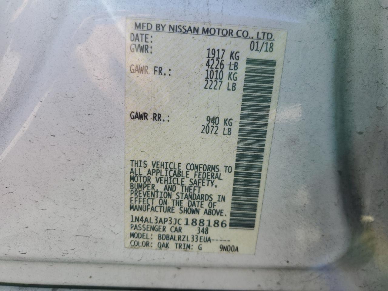 2018 Nissan Altima VIN 1N4AL3AP3JC188186 Copart auction photo, rear end / undercarriage damage thumbnail 14