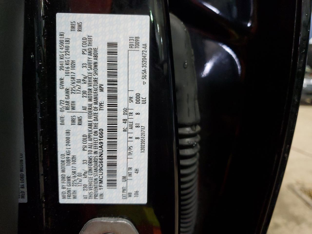 2022 Ford Escape VIN 1FMCU9G66NUA91660 Copart auction photo, front end damage thumbnail 14