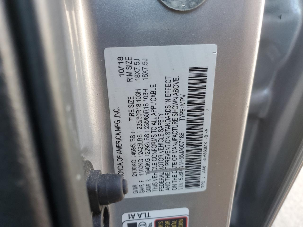 2018 Honda CR-V VIN 5J6RW1H55JA007186 Copart auction photo, all over damage thumbnail 12