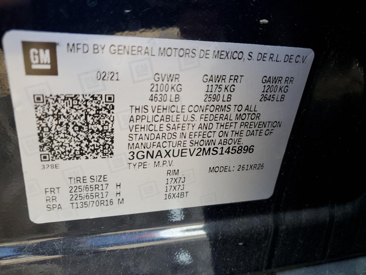 2021 Chevrolet Equinox VIN 3GNAXUEV2MS145896 Copart auction photo, front end damage thumbnail 13