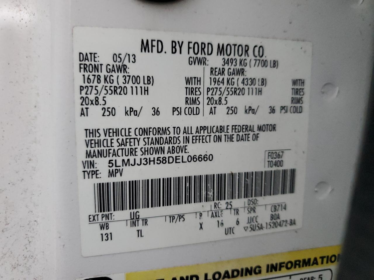2013 Lincoln Navigator VIN 5LMJJ3H58DEL06660 Copart auction photo, water/flood damage thumbnail 14