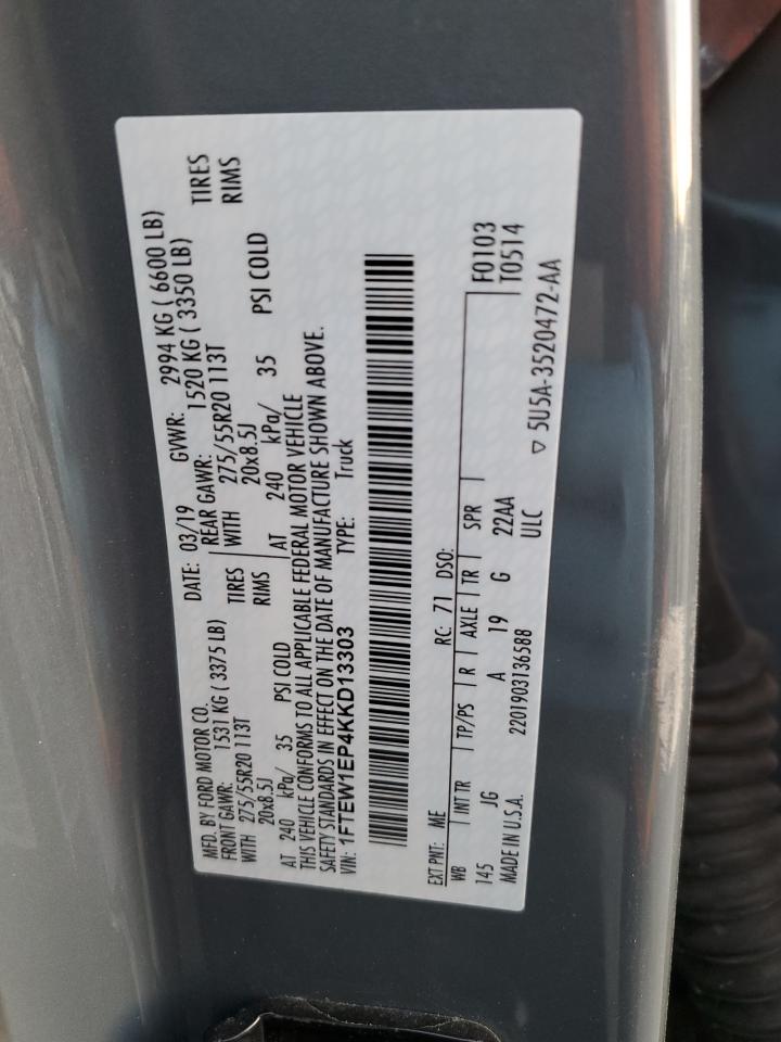 2019 Ford F-150 VIN 1FTEW1EP4KKD13303 Copart auction photo, side damage thumbnail 14