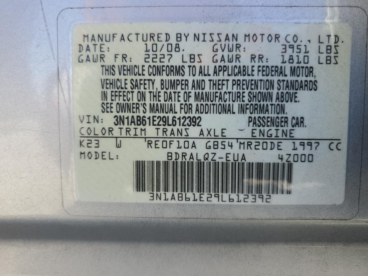 2009 Nissan Sentra VIN 3N1AB61E29L612392 Copart auction photo, rear end damage thumbnail 12
