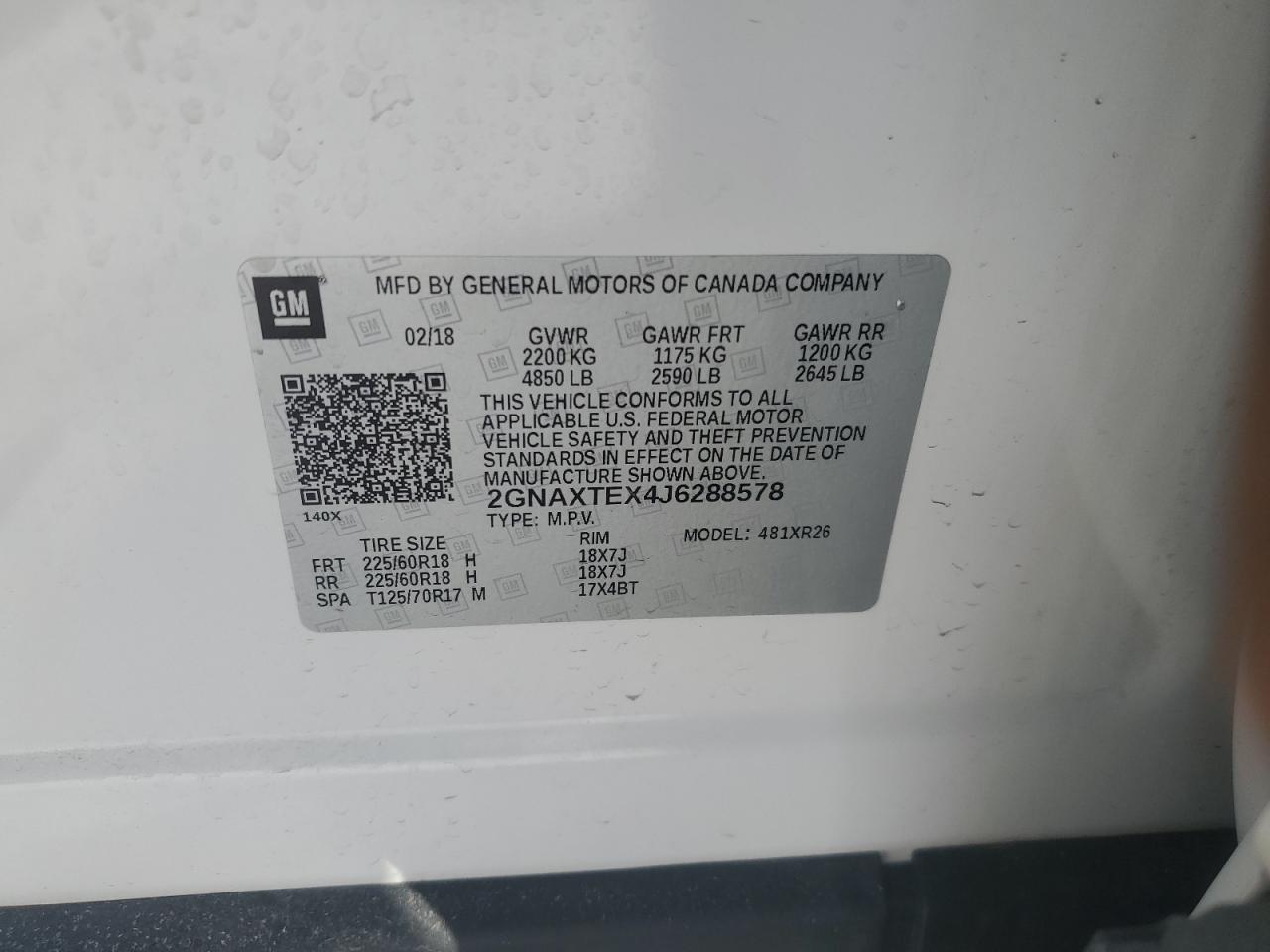 2018 Chevrolet Equinox VIN 2GNAXTEX4J6288578 Copart auction photo, front end / side damage thumbnail 13