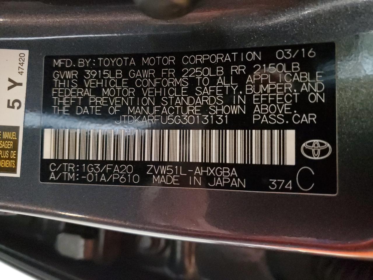 2016 Toyota Prius VIN JTDKARFU5G3013131 Copart auction photo, vandalism damage thumbnail 12