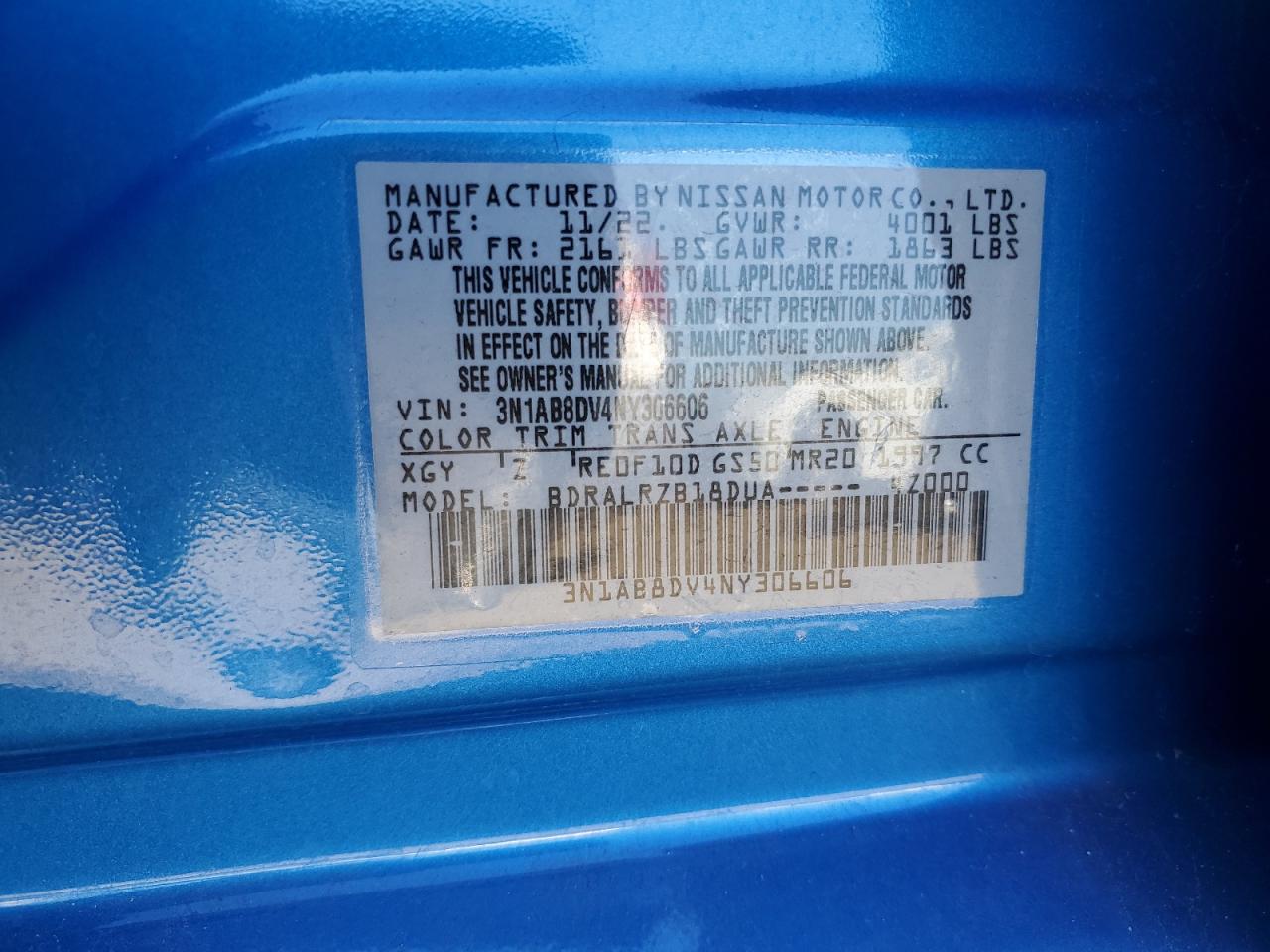 2022 Nissan Sentra VIN 3N1AB8DV4NY306606 Copart auction photo, front end damage thumbnail 12