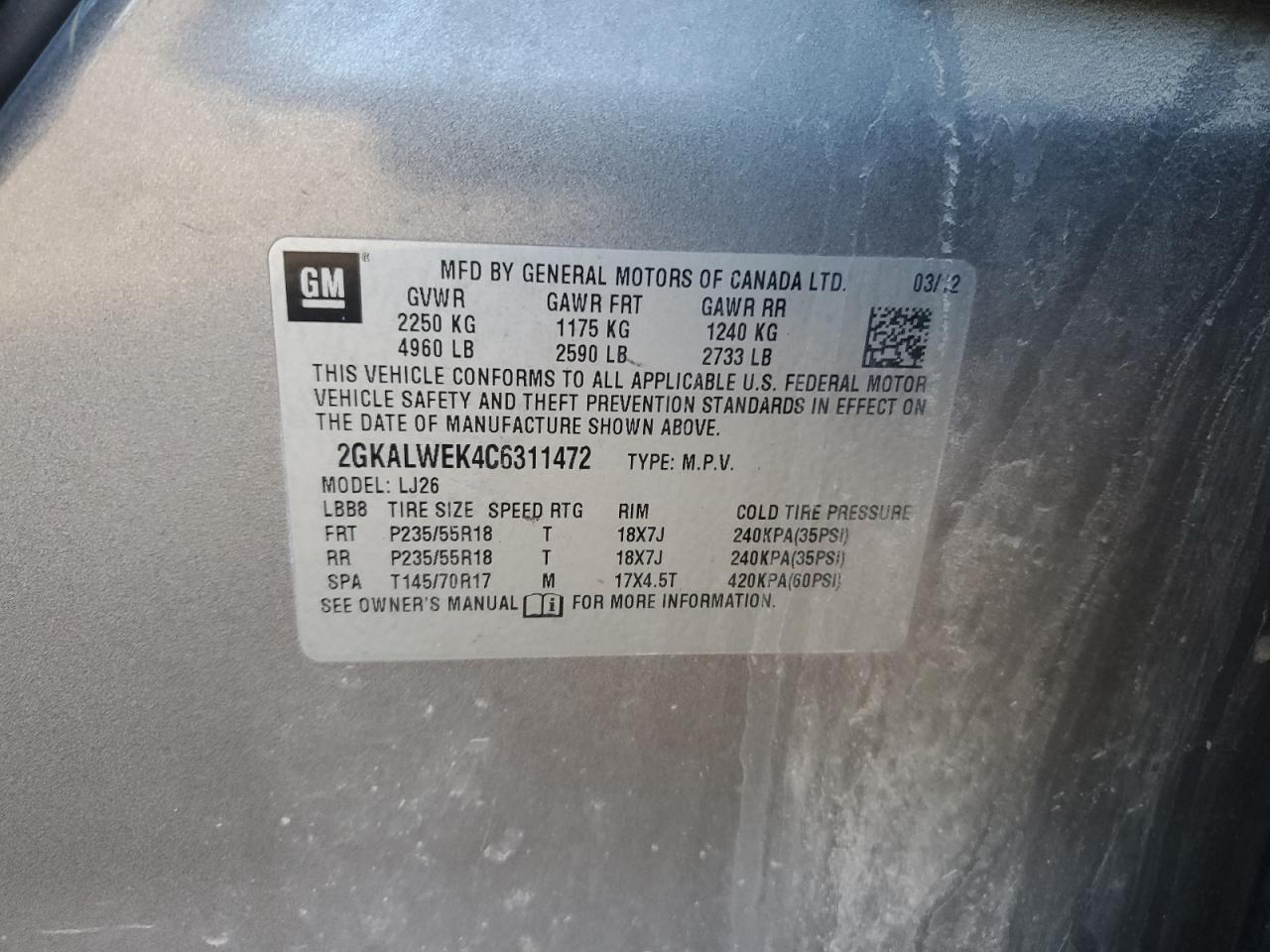 2012 GMC Terrain VIN 2GKALWEK4C6311472 Copart auction photo, front end damage thumbnail 15