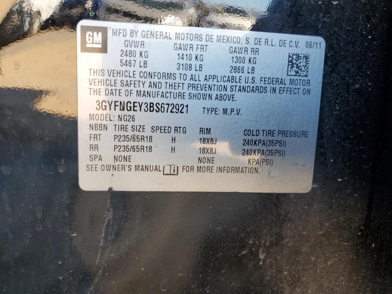 2011 Cadillac SRX VIN 3GYFNGEY3BS672921 Copart auction photo, all over / top/roof damage thumbnail 15