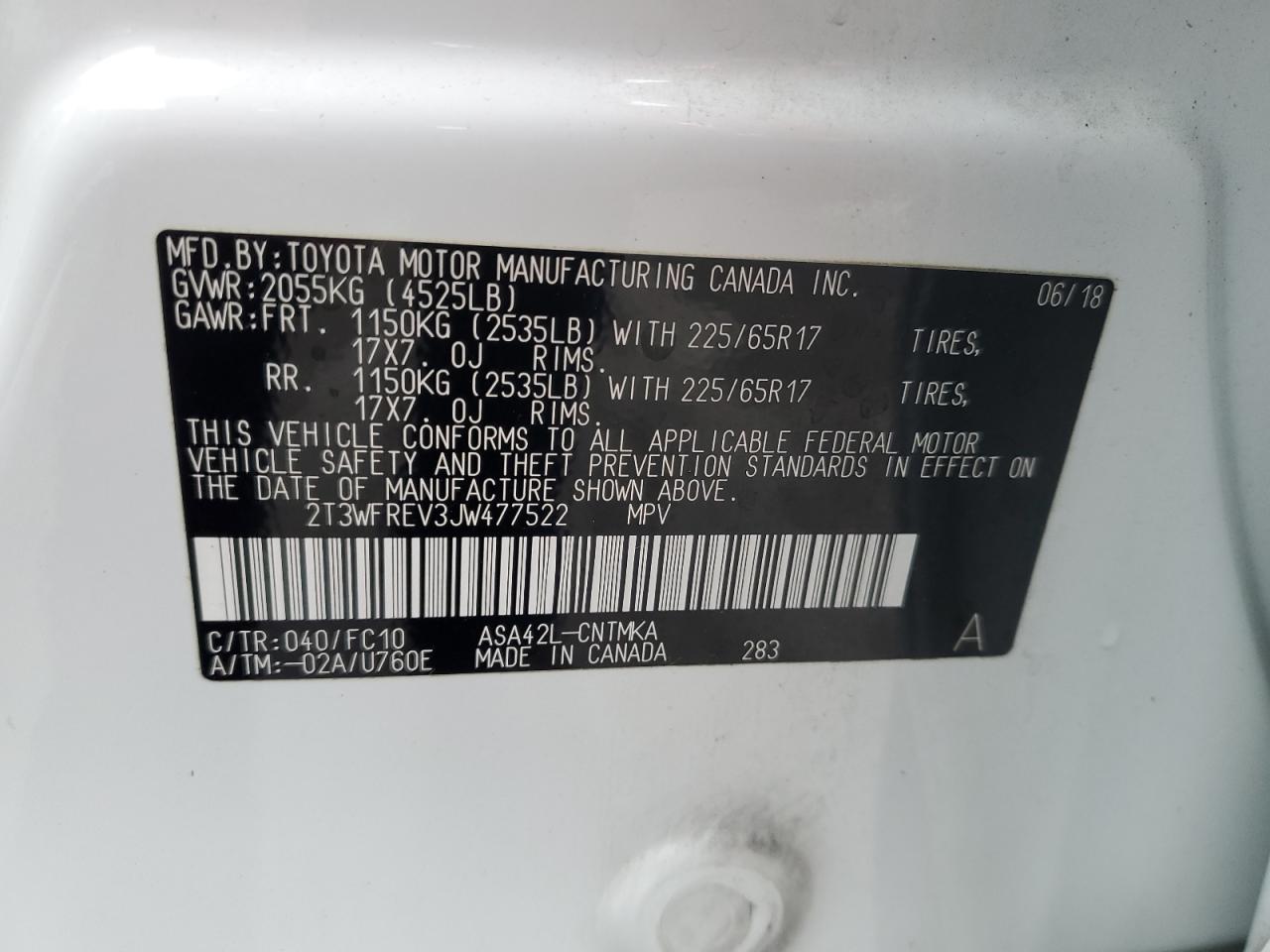 2018 Toyota RAV 4 VIN 2T3WFREV3JW477522 Copart auction photo, side / front end damage thumbnail 14
