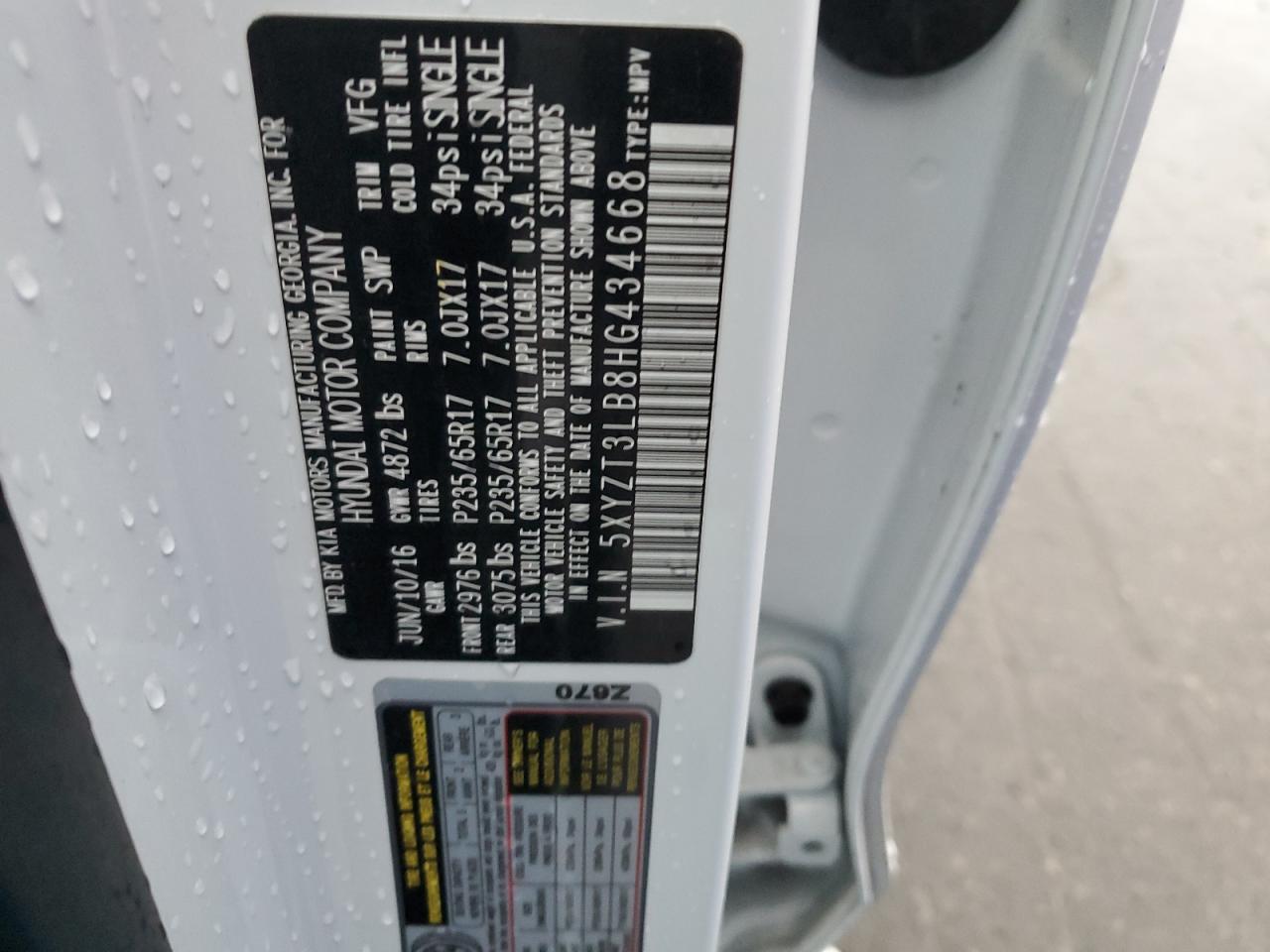 2017 Hyundai Santa Fe VIN 5XYZT3LB8HG434668 Copart auction photo, all over damage thumbnail 13