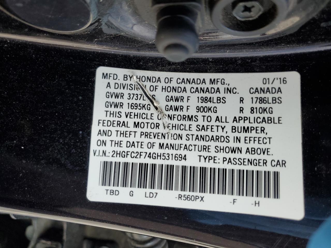 2016 Honda Civic VIN 2HGFC2F74GH531694 Copart auction photo, front end damage thumbnail 15