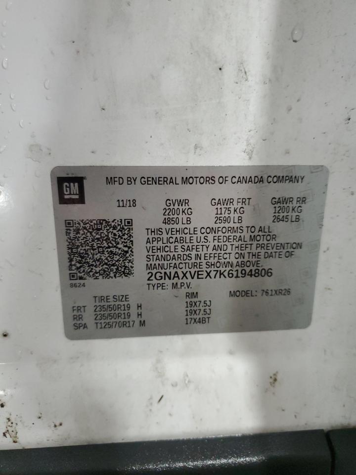 2019 Chevrolet Equinox VIN 2GNAXVEX7K6194806 Copart auction photo, front end / side damage thumbnail 14