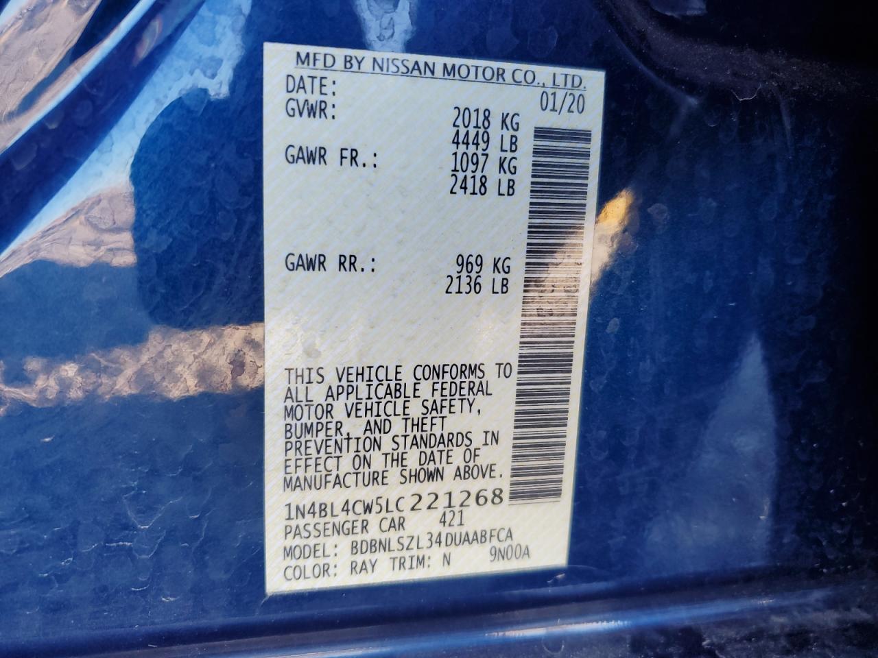 2020 Nissan Altima VIN 1N4BL4CW5LC221268 Copart auction photo, rear end damage thumbnail 12