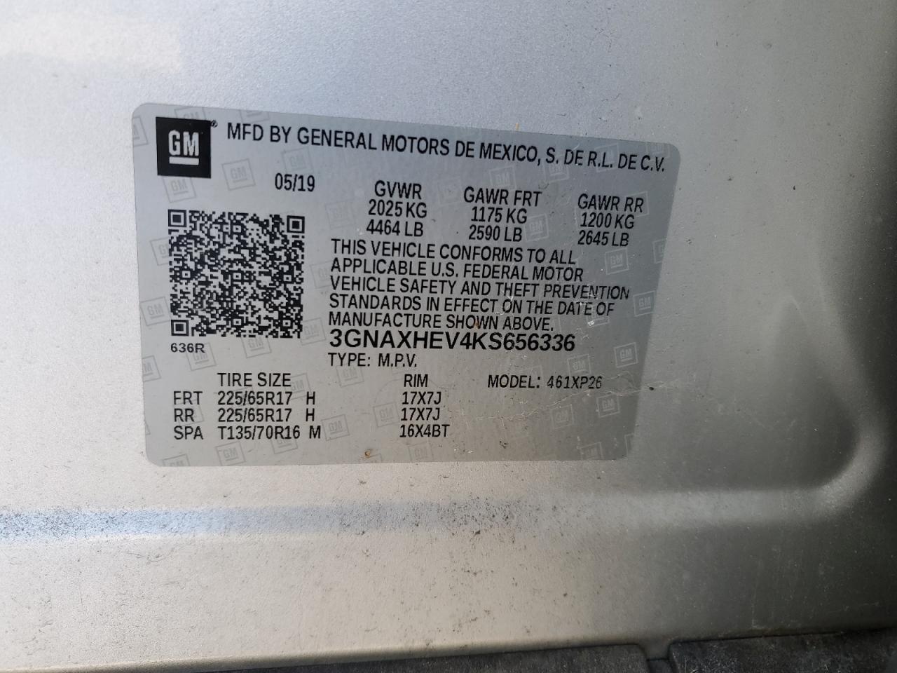 2019 Chevrolet Equinox VIN 3GNAXHEV4KS656336 Copart auction photo, rear end / minor dent/scratches damage thumbnail 14