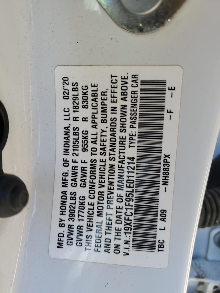 2020 Honda Civic VIN 19XFC1F95LE011214 Copart auction photo, front end / side damage thumbnail 14