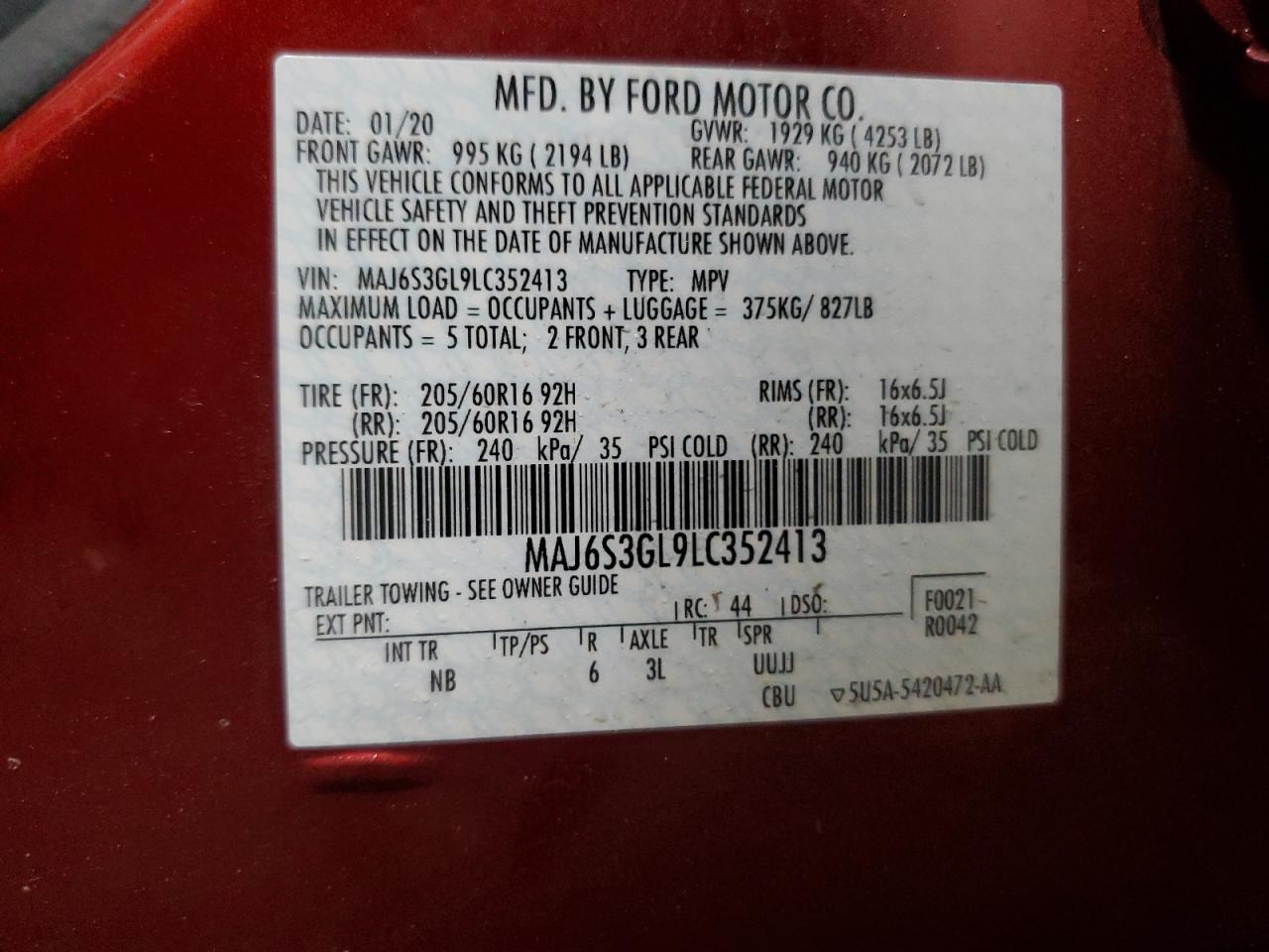 2020 Ford EcoSport VIN MAJ6S3GL9LC352413 Copart auction photo, front end damage thumbnail 12