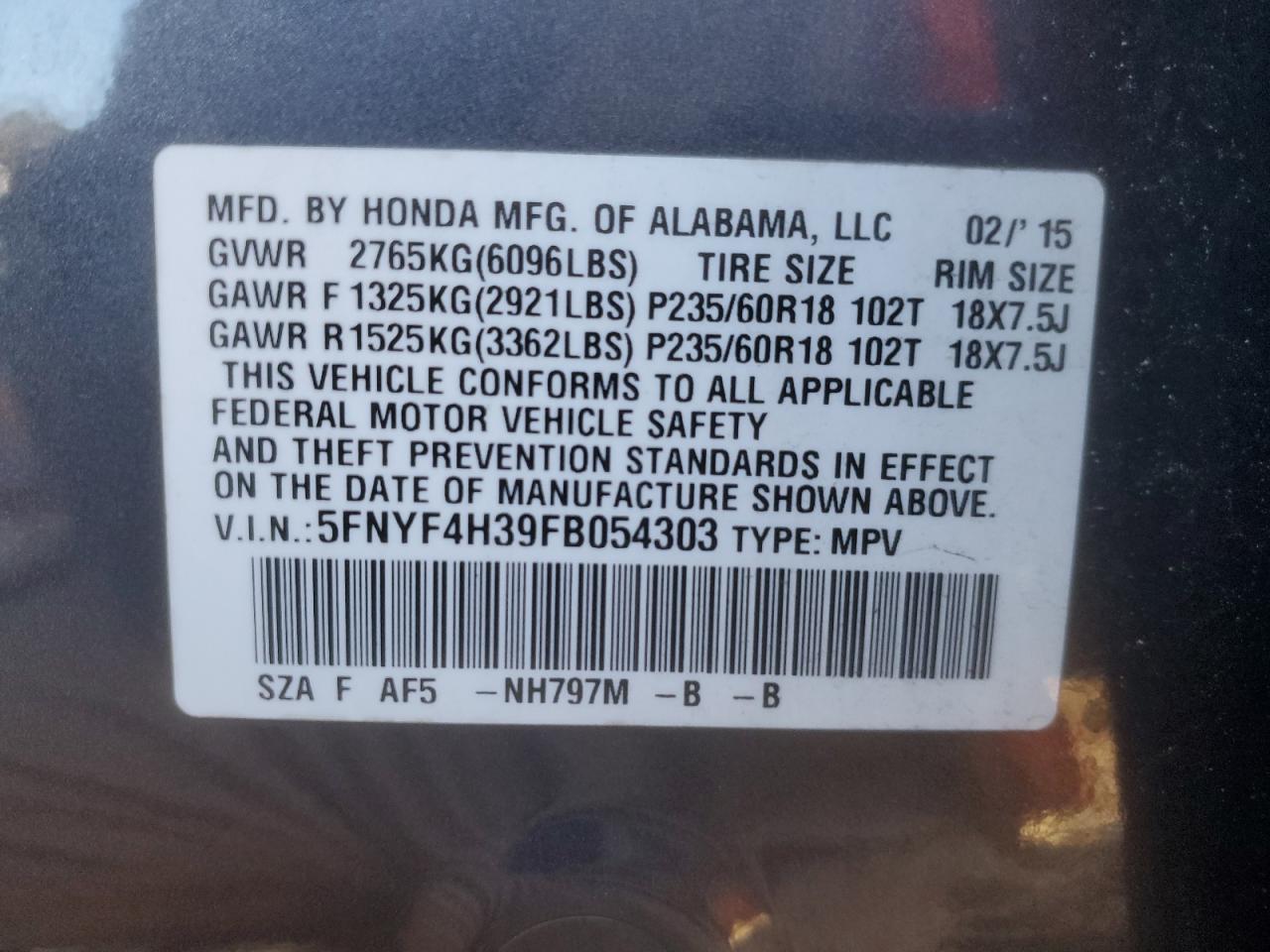 2015 Honda Pilot VIN 5FNYF4H39FB054303 Copart auction photo, front end damage thumbnail 13