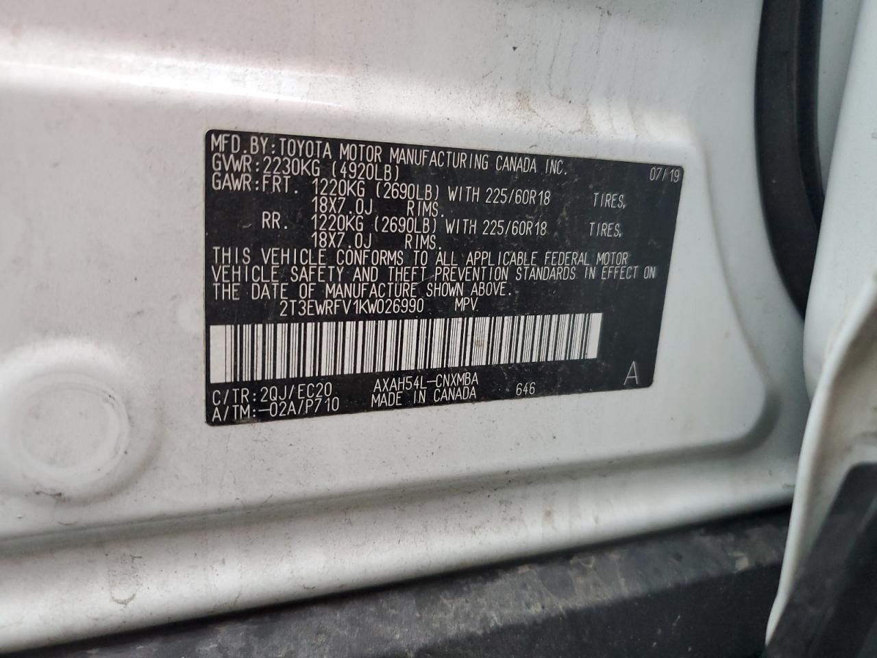 2019 Toyota RAV 4 VIN 2T3EWRFV1KW026990 Copart auction photo, front end damage thumbnail 13