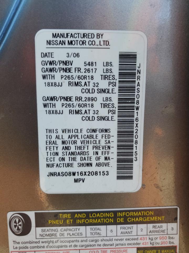 2006 Infiniti FX VIN JNRAS08W16X208153 Copart auction photo, front end damage thumbnail 14